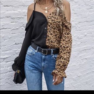 NWOT Leopard Panel Cold Shoulder Spliced Blouse